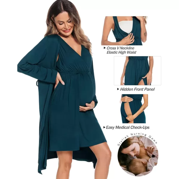 imageSWOMOG Women Maternity Nursing Gown and Robe Set 3 in 1 Labor Delivery Nursing Nightgown for Breastfeeding Hospital BathrobeBlue Green