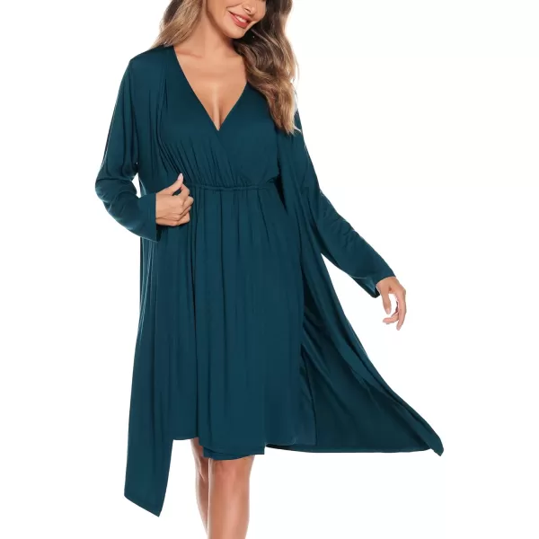 imageSWOMOG Women Maternity Nursing Gown and Robe Set 3 in 1 Labor Delivery Nursing Nightgown for Breastfeeding Hospital BathrobeBlue Green