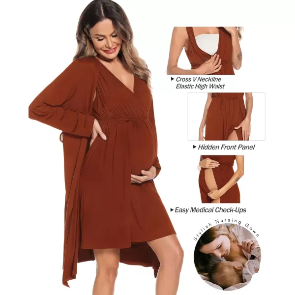 imageSWOMOG Women Maternity Nursing Gown and Robe Set 3 in 1 Labor Delivery Nursing Nightgown for Breastfeeding Hospital BathrobeCoffee