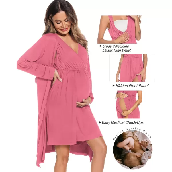 imageSWOMOG Women Maternity Nursing Gown and Robe Set 3 in 1 Labor Delivery Nursing Nightgown for Breastfeeding Hospital BathrobeCoral