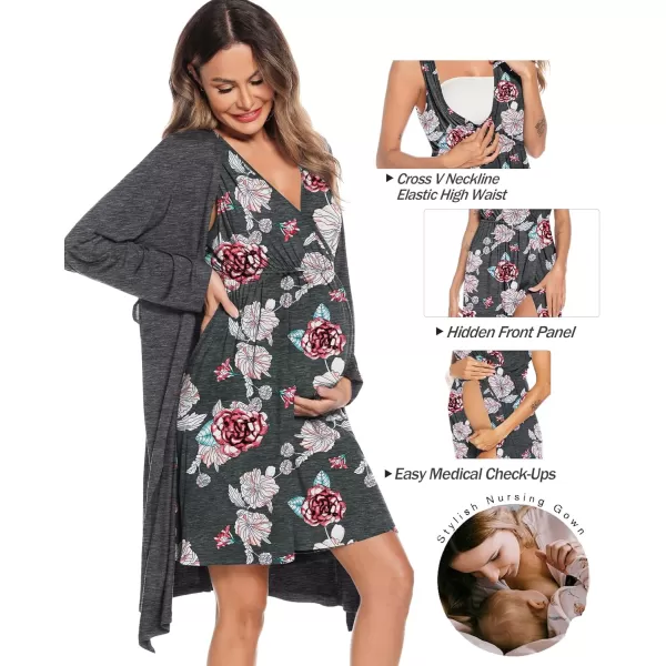 imageSWOMOG Women Maternity Nursing Gown and Robe Set 3 in 1 Labor Delivery Nursing Nightgown for Breastfeeding Hospital BathrobeDark Grey  White Flower