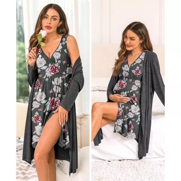 imageSWOMOG Women Maternity Nursing Gown and Robe Set 3 in 1 Labor Delivery Nursing Nightgown for Breastfeeding Hospital BathrobeDark Grey  White Flower