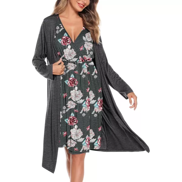 imageSWOMOG Women Maternity Nursing Gown and Robe Set 3 in 1 Labor Delivery Nursing Nightgown for Breastfeeding Hospital BathrobeDark Grey  White Flower