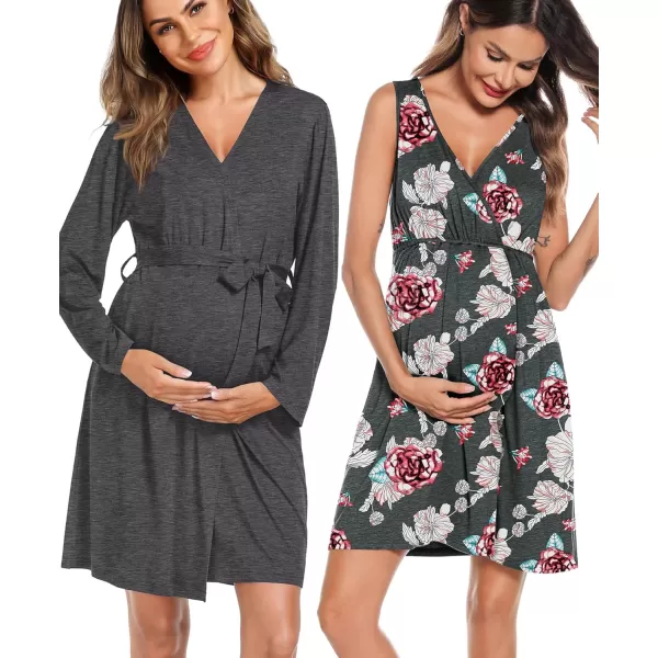 imageSWOMOG Women Maternity Nursing Gown and Robe Set 3 in 1 Labor Delivery Nursing Nightgown for Breastfeeding Hospital BathrobeDark Grey  White Flower