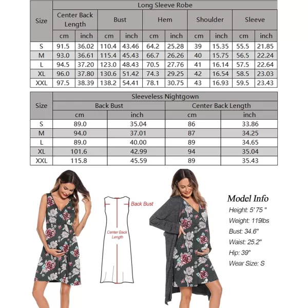 imageSWOMOG Women Maternity Nursing Gown and Robe Set 3 in 1 Labor Delivery Nursing Nightgown for Breastfeeding Hospital BathrobeDark Grey  White Flower