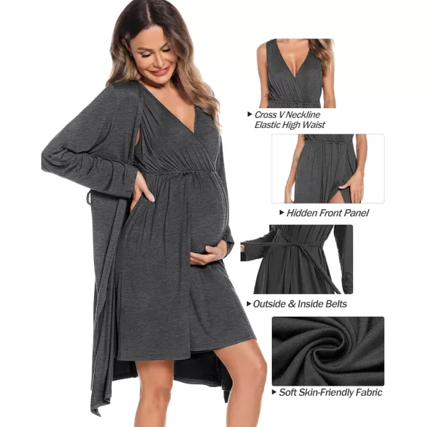 imageSWOMOG Women Maternity Nursing Gown and Robe Set 3 in 1 Labor Delivery Nursing Nightgown for Breastfeeding Hospital BathrobeDark Grey