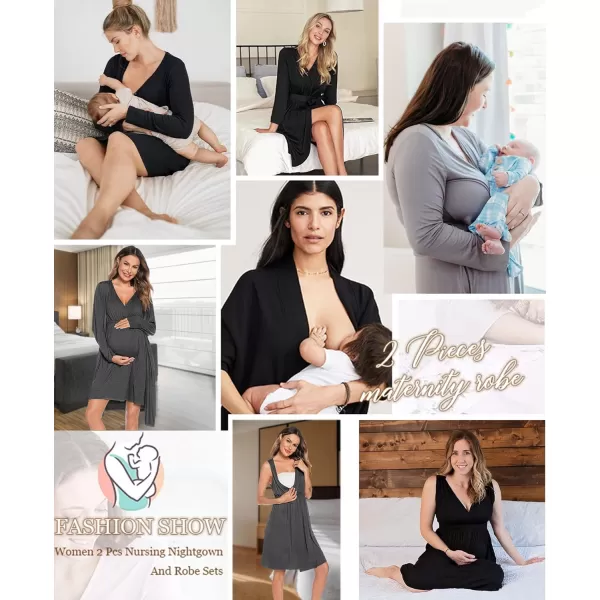imageSWOMOG Women Maternity Nursing Gown and Robe Set 3 in 1 Labor Delivery Nursing Nightgown for Breastfeeding Hospital BathrobeDeep Black Grey