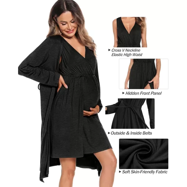 imageSWOMOG Women Maternity Nursing Gown and Robe Set 3 in 1 Labor Delivery Nursing Nightgown for Breastfeeding Hospital BathrobeDeep Black Grey