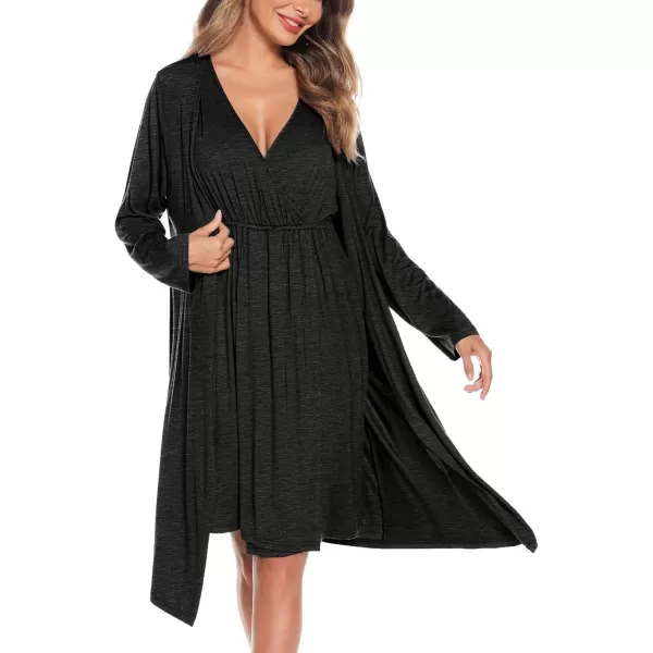 imageSWOMOG Women Maternity Nursing Gown and Robe Set 3 in 1 Labor Delivery Nursing Nightgown for Breastfeeding Hospital BathrobeDeep Black Grey