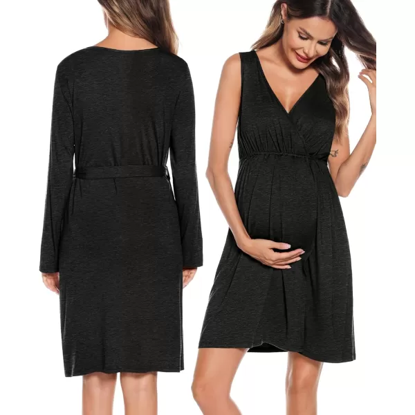 imageSWOMOG Women Maternity Nursing Gown and Robe Set 3 in 1 Labor Delivery Nursing Nightgown for Breastfeeding Hospital BathrobeDeep Black Grey