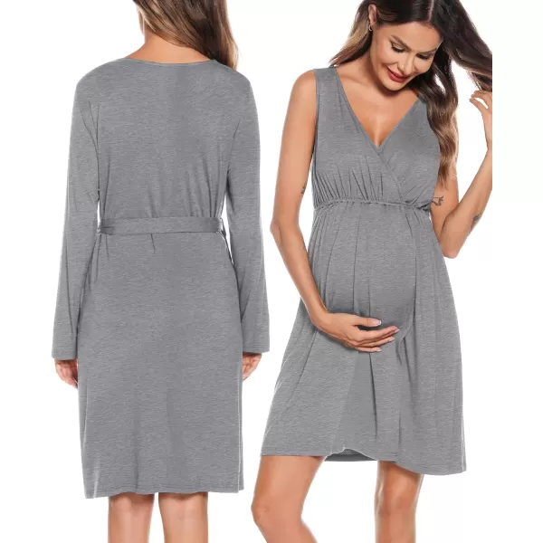 imageSWOMOG Women Maternity Nursing Gown and Robe Set 3 in 1 Labor Delivery Nursing Nightgown for Breastfeeding Hospital BathrobeGrey