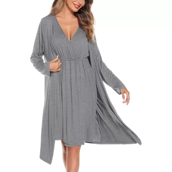 imageSWOMOG Women Maternity Nursing Gown and Robe Set 3 in 1 Labor Delivery Nursing Nightgown for Breastfeeding Hospital BathrobeGrey