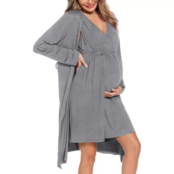 imageSWOMOG Women Maternity Nursing Gown and Robe Set 3 in 1 Labor Delivery Nursing Nightgown for Breastfeeding Hospital BathrobeGrey