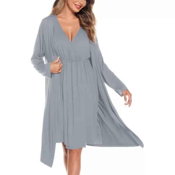 imageSWOMOG Women Maternity Nursing Gown and Robe Set 3 in 1 Labor Delivery Nursing Nightgown for Breastfeeding Hospital BathrobeGrey Green