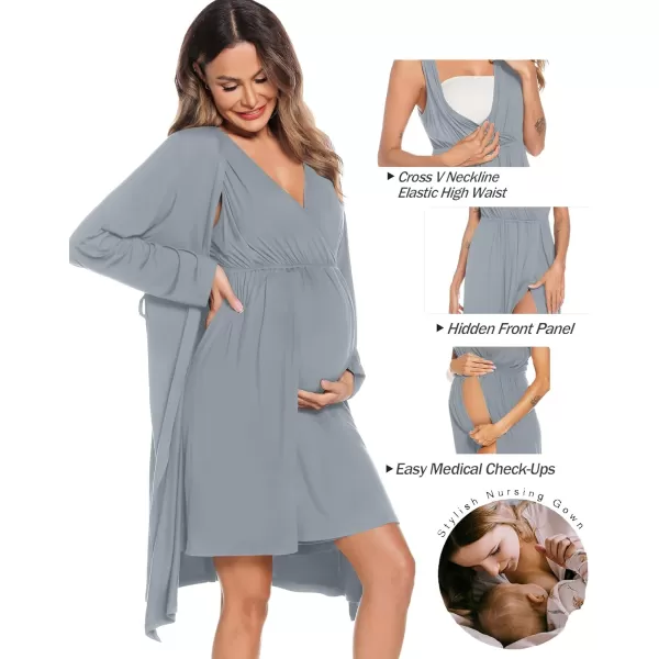 imageSWOMOG Women Maternity Nursing Gown and Robe Set 3 in 1 Labor Delivery Nursing Nightgown for Breastfeeding Hospital BathrobeGrey Green