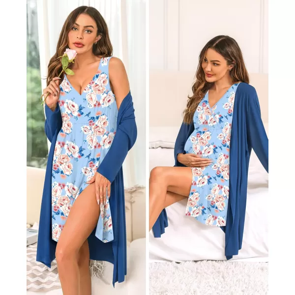 imageSWOMOG Women Maternity Nursing Gown and Robe Set 3 in 1 Labor Delivery Nursing Nightgown for Breastfeeding Hospital BathrobeLight Blue  Flower