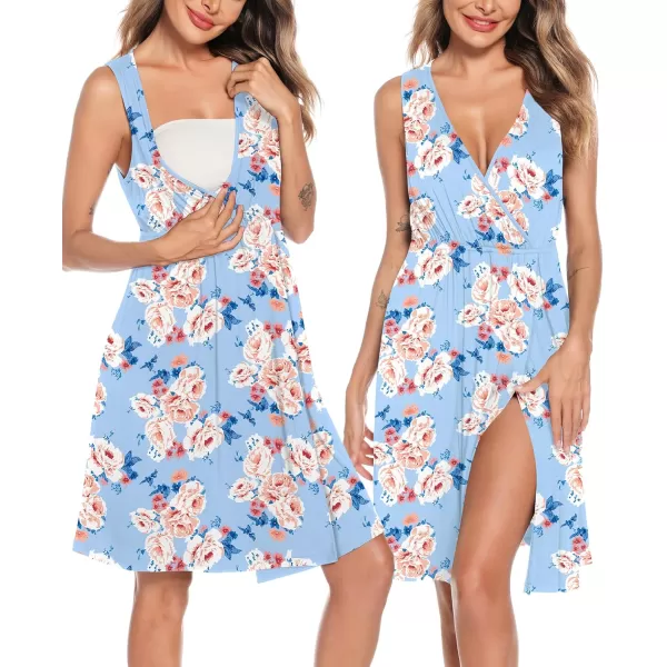 imageSWOMOG Women Maternity Nursing Gown and Robe Set 3 in 1 Labor Delivery Nursing Nightgown for Breastfeeding Hospital BathrobeLight Blue  Flower