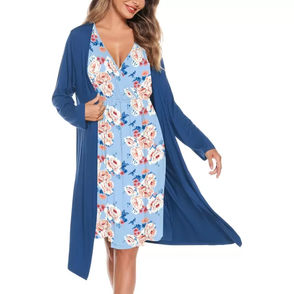 imageSWOMOG Women Maternity Nursing Gown and Robe Set 3 in 1 Labor Delivery Nursing Nightgown for Breastfeeding Hospital BathrobeLight Blue  Flower