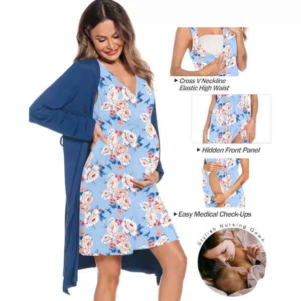 imageSWOMOG Women Maternity Nursing Gown and Robe Set 3 in 1 Labor Delivery Nursing Nightgown for Breastfeeding Hospital BathrobeLight Blue  Flower