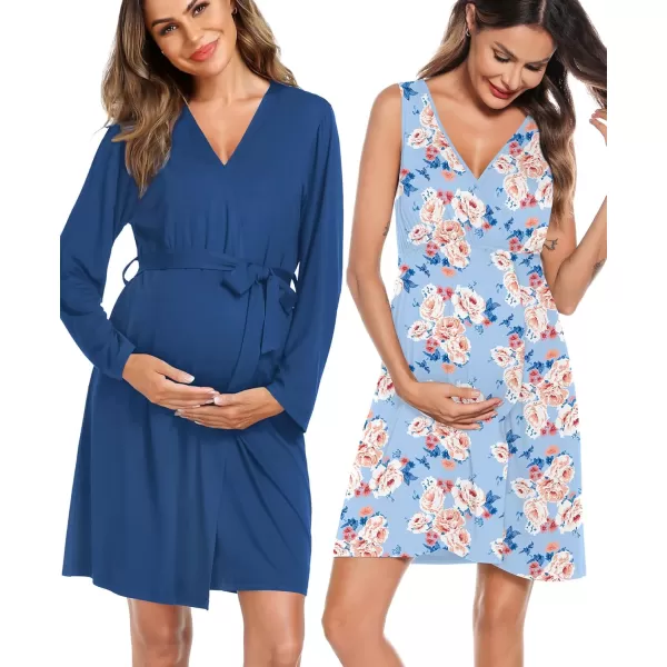 imageSWOMOG Women Maternity Nursing Gown and Robe Set 3 in 1 Labor Delivery Nursing Nightgown for Breastfeeding Hospital BathrobeLight Blue  Flower