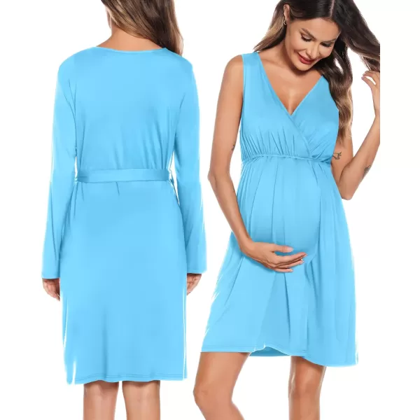 imageSWOMOG Women Maternity Nursing Gown and Robe Set 3 in 1 Labor Delivery Nursing Nightgown for Breastfeeding Hospital BathrobeLight Sky Blue