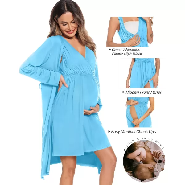 imageSWOMOG Women Maternity Nursing Gown and Robe Set 3 in 1 Labor Delivery Nursing Nightgown for Breastfeeding Hospital BathrobeLight Sky Blue