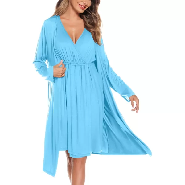 imageSWOMOG Women Maternity Nursing Gown and Robe Set 3 in 1 Labor Delivery Nursing Nightgown for Breastfeeding Hospital BathrobeLight Sky Blue