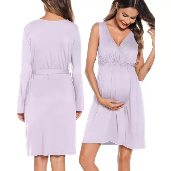 imageSWOMOG Women Maternity Nursing Gown and Robe Set 3 in 1 Labor Delivery Nursing Nightgown for Breastfeeding Hospital BathrobeLilac