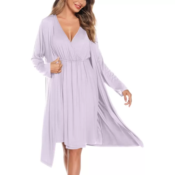 imageSWOMOG Women Maternity Nursing Gown and Robe Set 3 in 1 Labor Delivery Nursing Nightgown for Breastfeeding Hospital BathrobeLilac