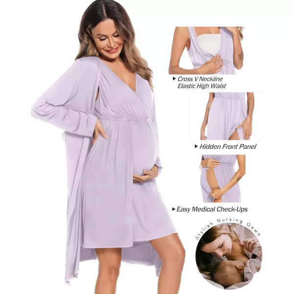 imageSWOMOG Women Maternity Nursing Gown and Robe Set 3 in 1 Labor Delivery Nursing Nightgown for Breastfeeding Hospital BathrobeLilac