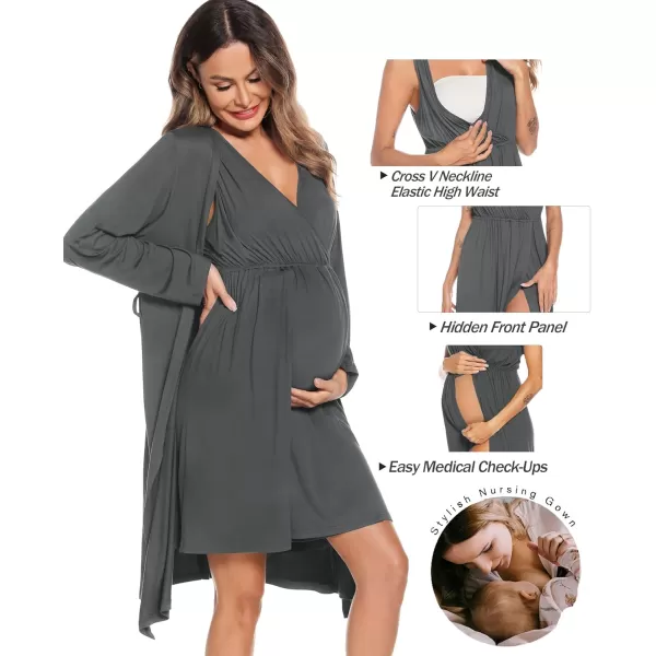 imageSWOMOG Women Maternity Nursing Gown and Robe Set 3 in 1 Labor Delivery Nursing Nightgown for Breastfeeding Hospital BathrobeMistygray