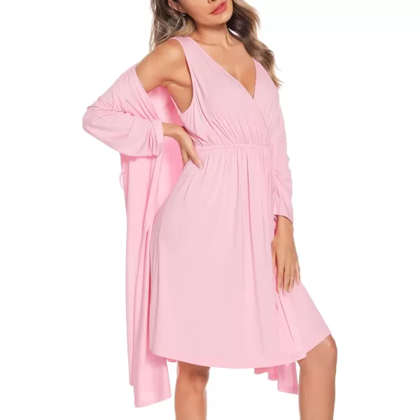 imageSWOMOG Women Maternity Nursing Gown and Robe Set 3 in 1 Labor Delivery Nursing Nightgown for Breastfeeding Hospital BathrobePink