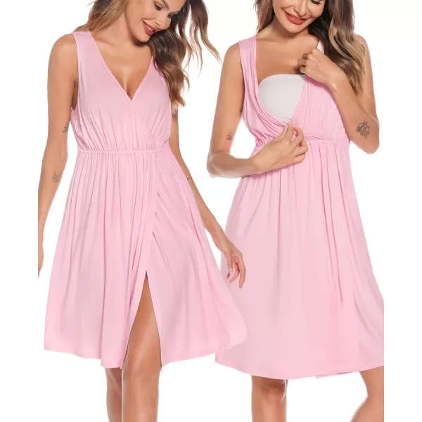 imageSWOMOG Women Maternity Nursing Gown and Robe Set 3 in 1 Labor Delivery Nursing Nightgown for Breastfeeding Hospital BathrobePink