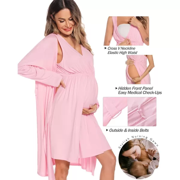 imageSWOMOG Women Maternity Nursing Gown and Robe Set 3 in 1 Labor Delivery Nursing Nightgown for Breastfeeding Hospital BathrobePink