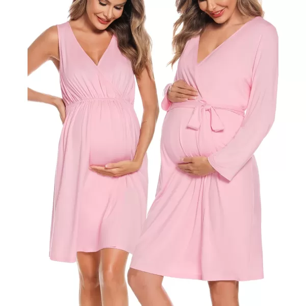 imageSWOMOG Women Maternity Nursing Gown and Robe Set 3 in 1 Labor Delivery Nursing Nightgown for Breastfeeding Hospital BathrobePink