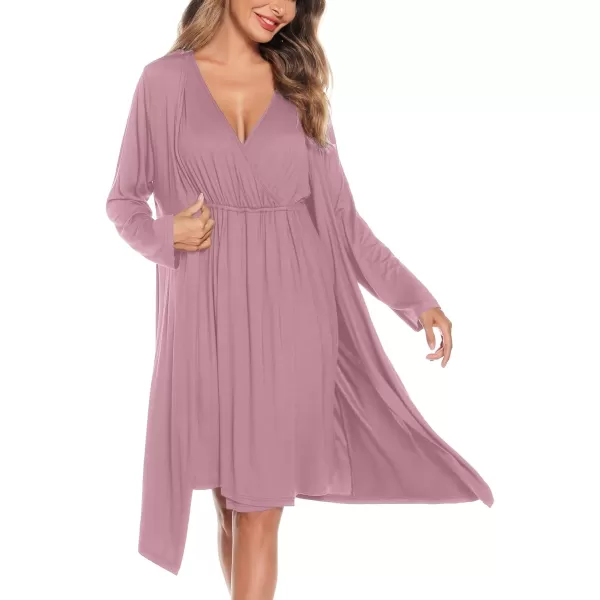 imageSWOMOG Women Maternity Nursing Gown and Robe Set 3 in 1 Labor Delivery Nursing Nightgown for Breastfeeding Hospital BathrobeTaro Purple