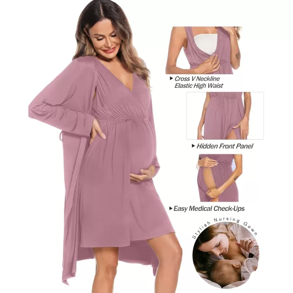 imageSWOMOG Women Maternity Nursing Gown and Robe Set 3 in 1 Labor Delivery Nursing Nightgown for Breastfeeding Hospital BathrobeTaro Purple