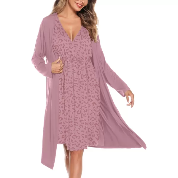 imageSWOMOG Women Maternity Nursing Gown and Robe Set 3 in 1 Labor Delivery Nursing Nightgown for Breastfeeding Hospital BathrobeTaropurple  Leopard