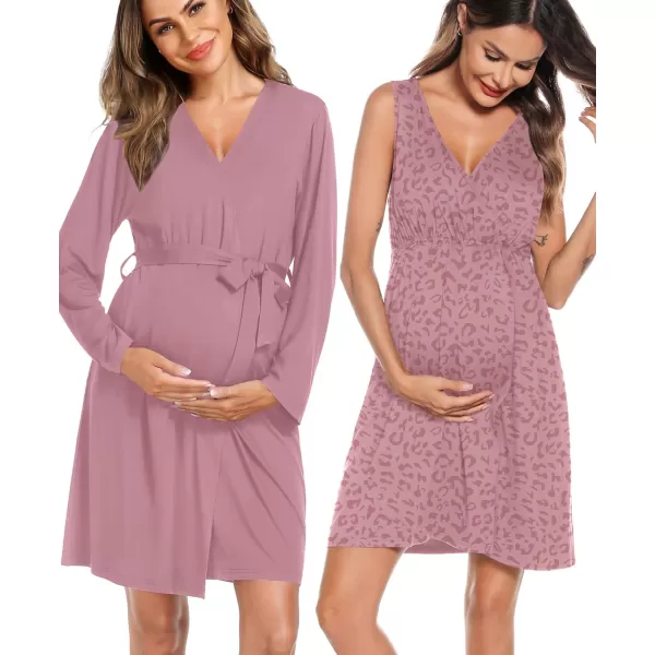 imageSWOMOG Women Maternity Nursing Gown and Robe Set 3 in 1 Labor Delivery Nursing Nightgown for Breastfeeding Hospital BathrobeTaropurple  Leopard