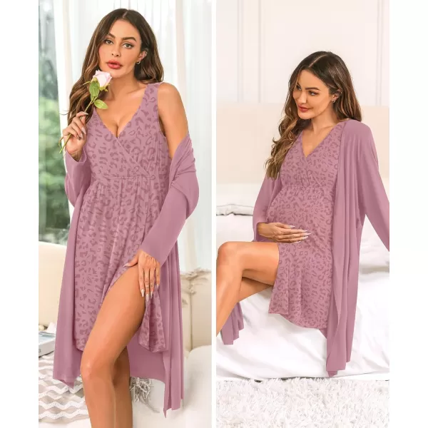 imageSWOMOG Women Maternity Nursing Gown and Robe Set 3 in 1 Labor Delivery Nursing Nightgown for Breastfeeding Hospital BathrobeTaropurple  Leopard