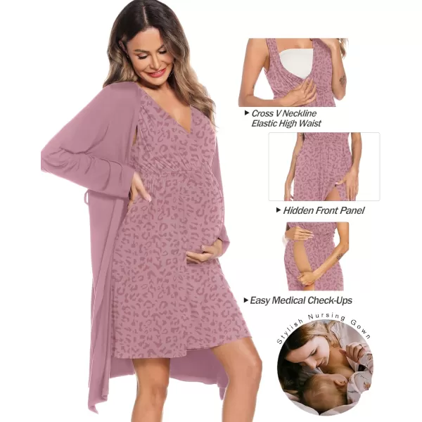 imageSWOMOG Women Maternity Nursing Gown and Robe Set 3 in 1 Labor Delivery Nursing Nightgown for Breastfeeding Hospital BathrobeTaropurple  Leopard