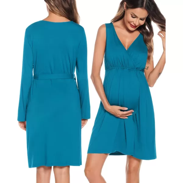 imageSWOMOG Women Maternity Nursing Gown and Robe Set 3 in 1 Labor Delivery Nursing Nightgown for Breastfeeding Hospital BathrobeTurquoise