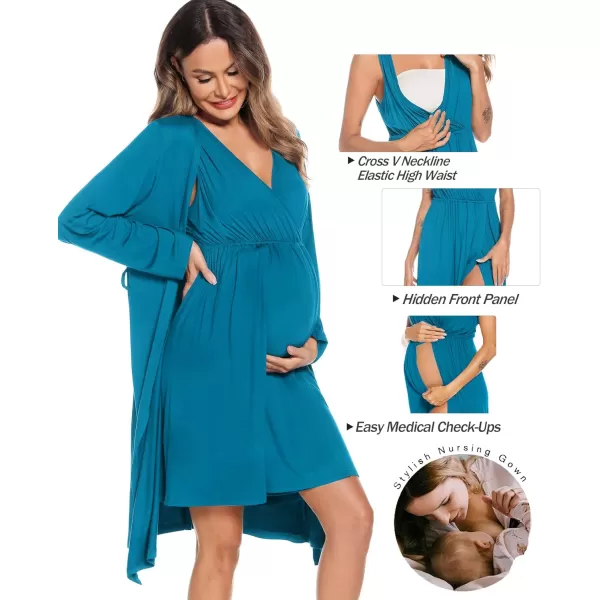 imageSWOMOG Women Maternity Nursing Gown and Robe Set 3 in 1 Labor Delivery Nursing Nightgown for Breastfeeding Hospital BathrobeTurquoise