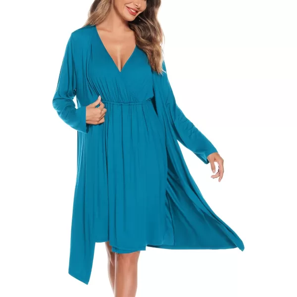 imageSWOMOG Women Maternity Nursing Gown and Robe Set 3 in 1 Labor Delivery Nursing Nightgown for Breastfeeding Hospital BathrobeTurquoise