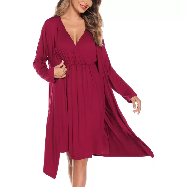 imageSWOMOG Women Maternity Nursing Gown and Robe Set 3 in 1 Labor Delivery Nursing Nightgown for Breastfeeding Hospital BathrobeWine Red