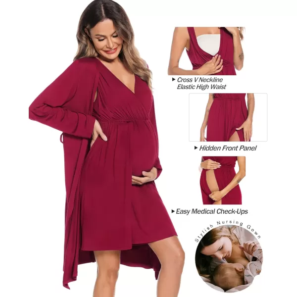 imageSWOMOG Women Maternity Nursing Gown and Robe Set 3 in 1 Labor Delivery Nursing Nightgown for Breastfeeding Hospital BathrobeWine Red