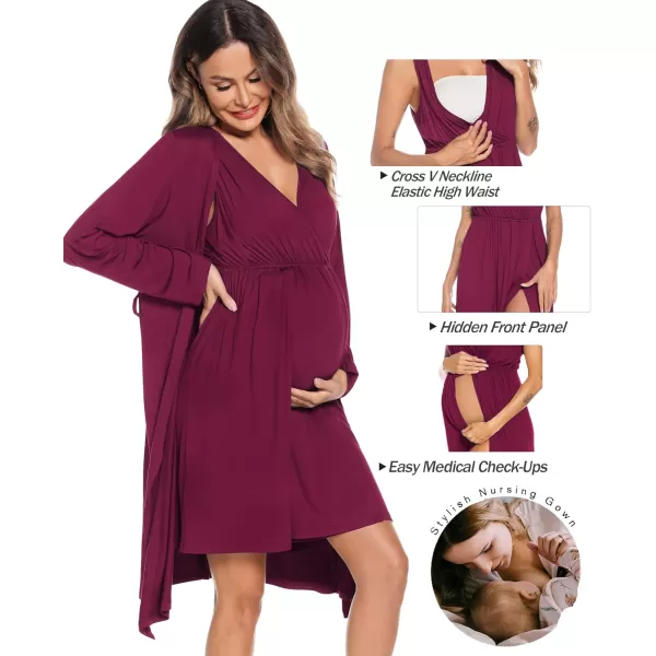 imageSWOMOG Women Maternity Nursing Gown and Robe Set 3 in 1 Labor Delivery Nursing Nightgown for Breastfeeding Hospital BathrobeWineberry