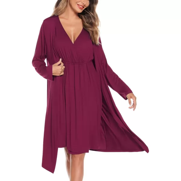 imageSWOMOG Women Maternity Nursing Gown and Robe Set 3 in 1 Labor Delivery Nursing Nightgown for Breastfeeding Hospital BathrobeWineberry