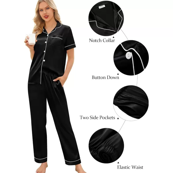 imageSWOMOG Womens 5 Pcs Silk Satin Pajamas Sets Short Sleeve Sleepwear Button Down Pjs Loungewear with Shorts ampamp Long PantsBlack