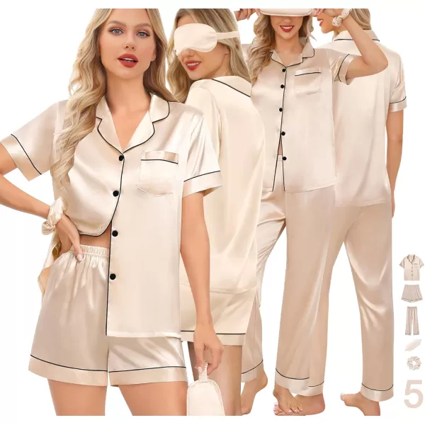 imageSWOMOG Womens 5 Pcs Silk Satin Pajamas Sets Short Sleeve Sleepwear Button Down Pjs Loungewear with Shorts ampamp Long PantsChampagne